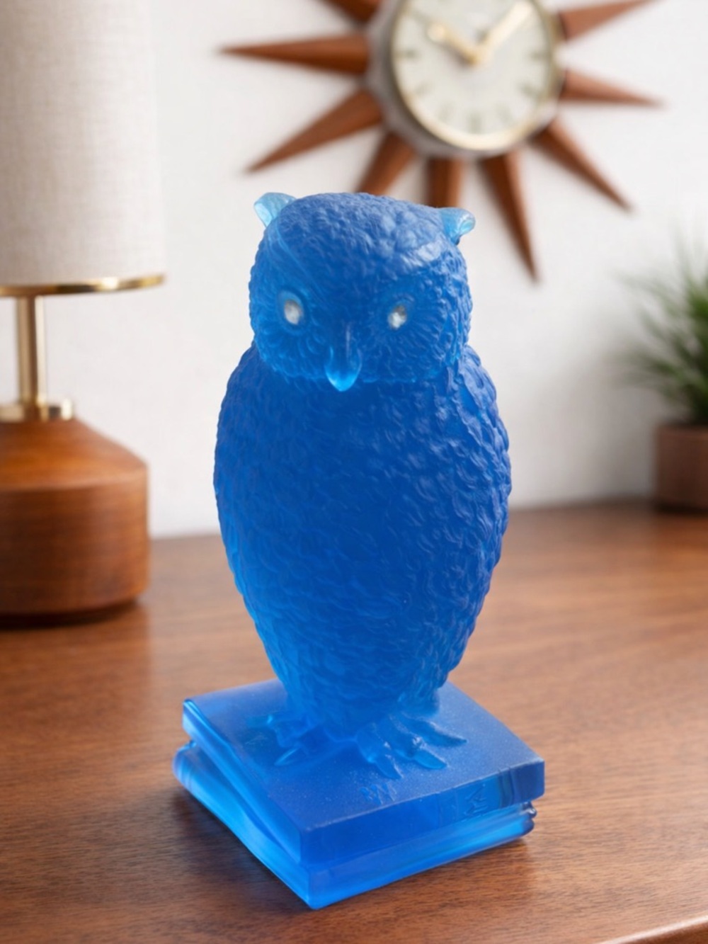Vintage Westmoreland glass owl figurine perched on a stack of books - Blue Mist